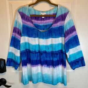 Chico’s Women's Blue Purple White  Striped Tie Dye Top Sz 3(16) 3/4 Sleeves SOFT